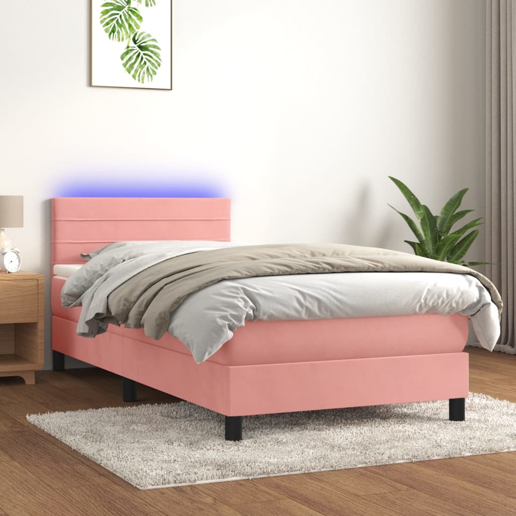 Vidaxl Łóżko Kontynentalne Z Materacem I Led, Różowy Aksamit 100X200Cm