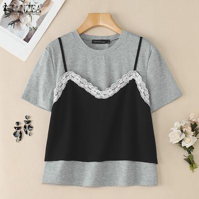 Women Summer Fake Two Piece Patchwork Casual Short Sleeve T-shirts