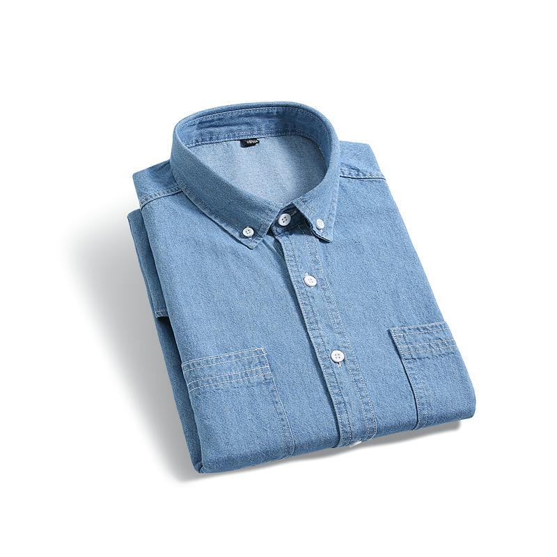 

2026 Summer Men Denim Shirts Men Short Sleeve Slim Jeans Shirt Men High Quality Pockets Shirt Men Clothing Male Soild Color Tops M светло-синий