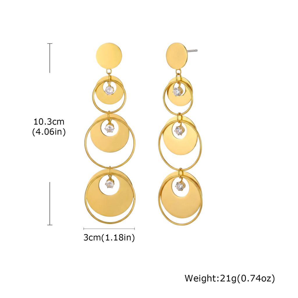 New Geometric Gold Color Layered Circle Dangle Earrings, Waterproof Stainless Steel Crystal Drop Earrings Women Trendy Jewelry