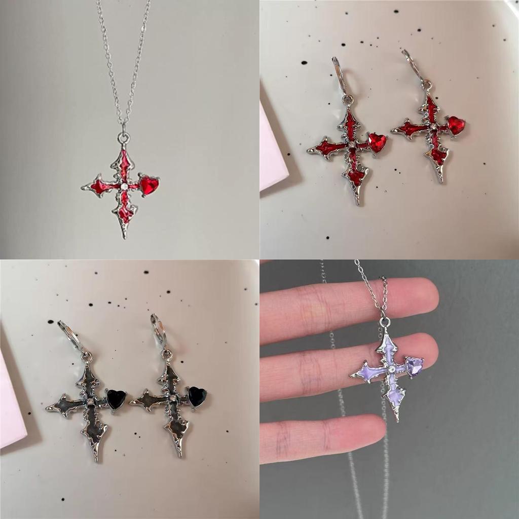 Dark Fantasy Purple Heart Cross Necklace With Alloy Pendant For Fashionable Women