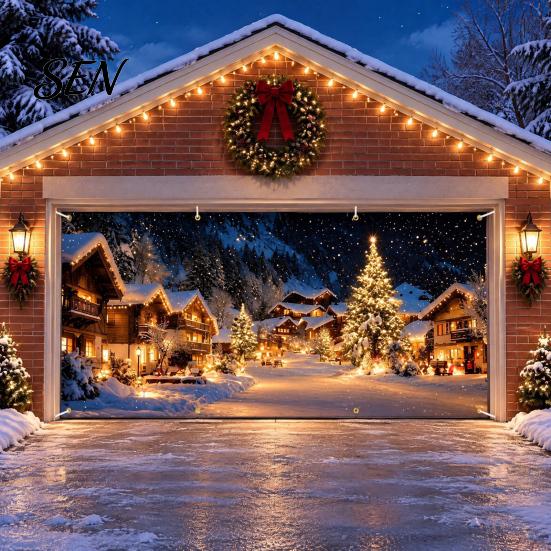 Outdoor Winter Party Supplies Christmas Garage Door Cover, Holiday Hanging Banner Backdrop, Decoration Santa Claus Snowman Truck Photography