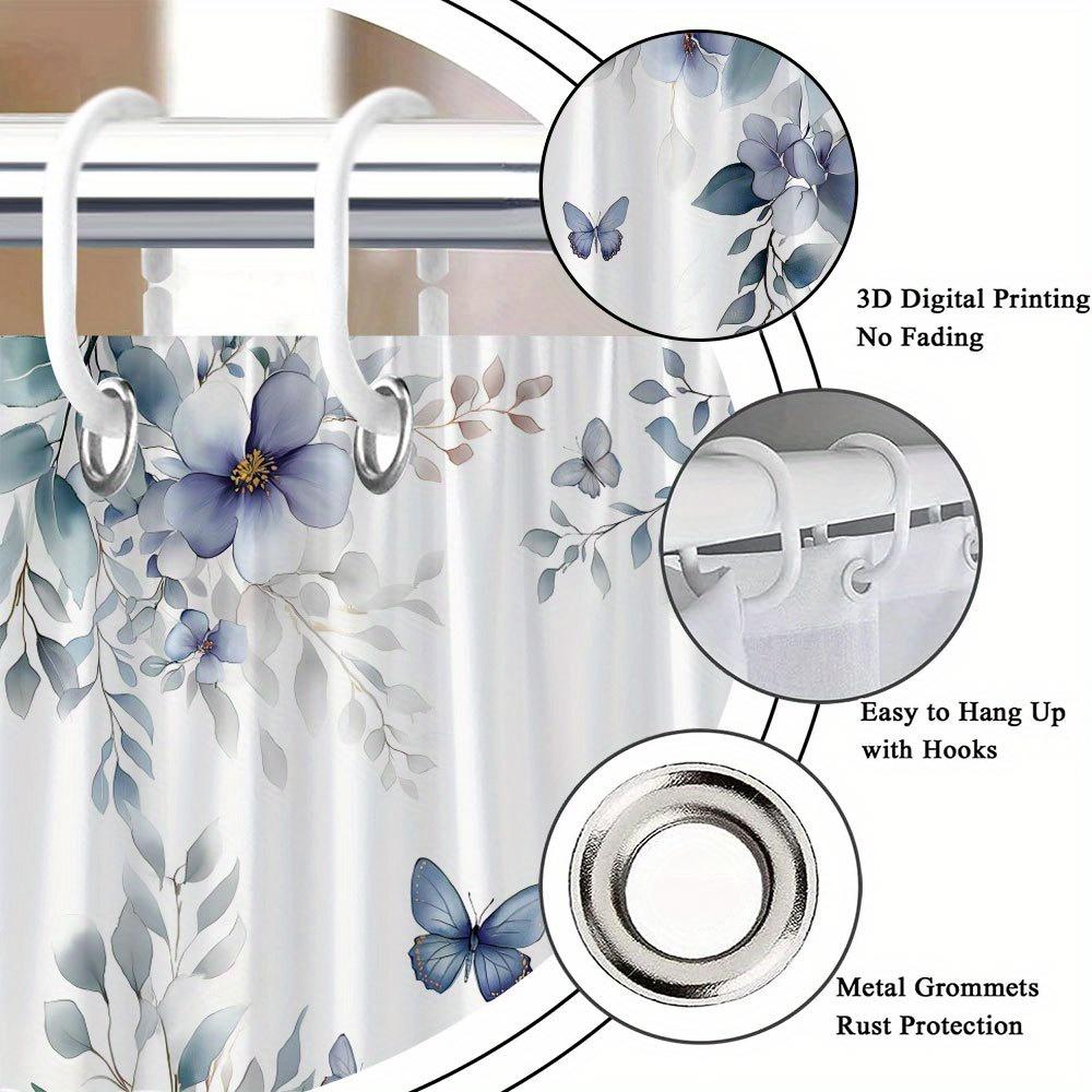 1Pc Blue Lavender Floral And Butterfly Shower Curtain - With Soft Petals And Translucent Butterflies, Polyester Fabric With Hook