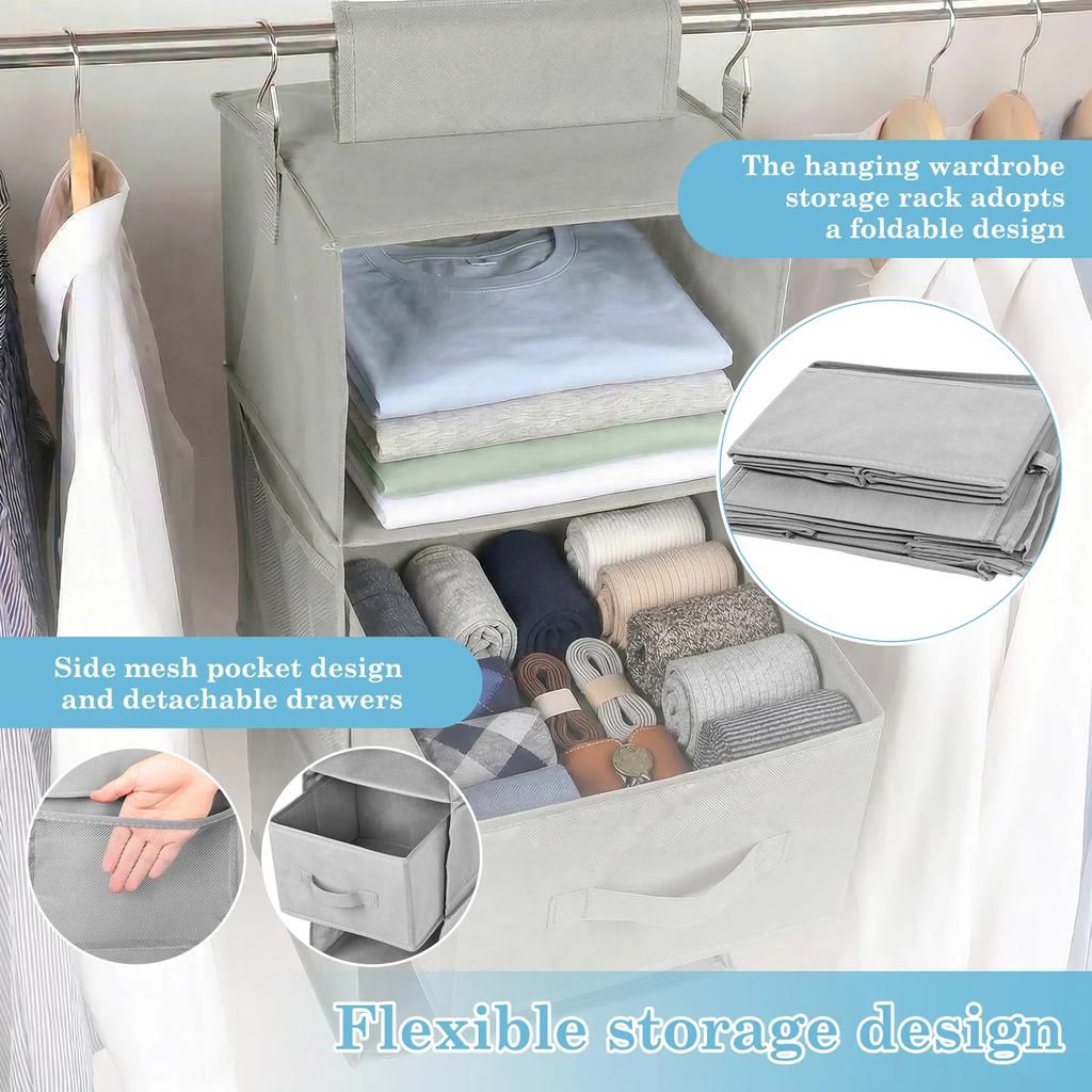 2Pcs 3 Tier Hanging Closet Organizer Foldable Wardrobe Tiered Shelves with Drawer Mesh Pocket Miscellaneous Luggage Storage Bag