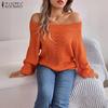 ZANZEA Autumn Winter Women Off Shoulder Long Sleeve Knitted Hollow Sweater Jumper Pullovers