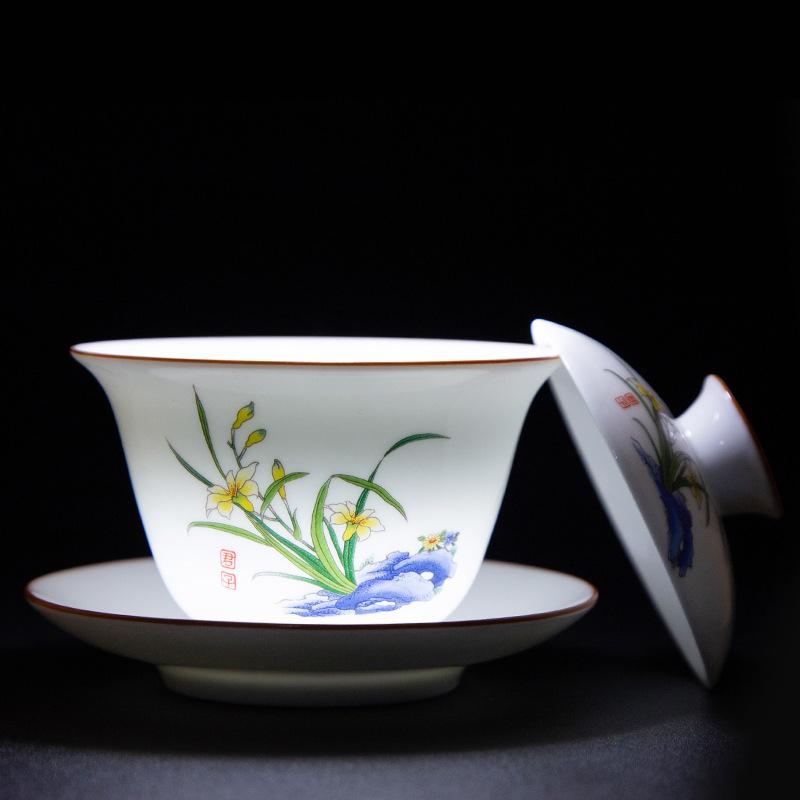 Dehua Gaiwan Cup Ceramic Large Single Sancai Bowl Kung Fu Tea Set Blue and White Porcelain Household