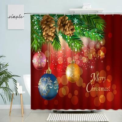 Merry Christmas Shower Curtain Christmas Tree Xmas Ball Red Background Party Bathroom Wall Decor With Hooks Waterproof Screen