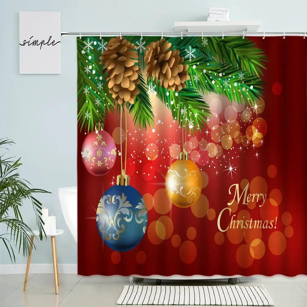 

Merry Christmas Shower Curtain Christmas Tree Xmas Ball Red Background Party Bathroom Wall Decor With Hooks Waterproof Screen 90x180cm-35x70in