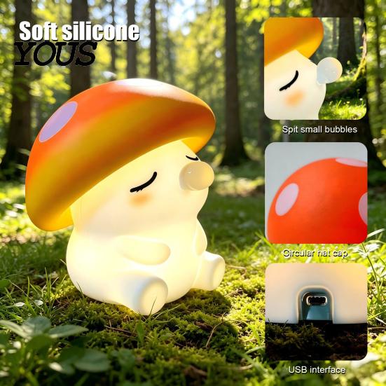 Rechargeable Bedside Lamp with USB Mushroom Night Light, Squishy Silicone Touch Nursery Lamp, Warm White & RGB Color?Changing Colorful 2 Light