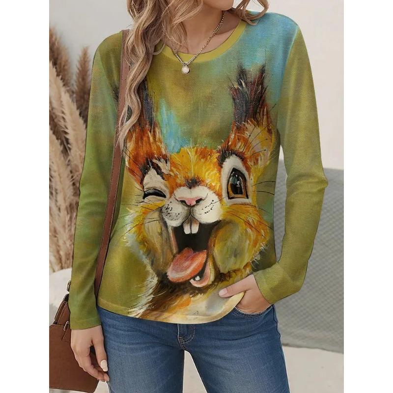Autumn Women's 3D Squirrel Print Crew Neck T-Shirt