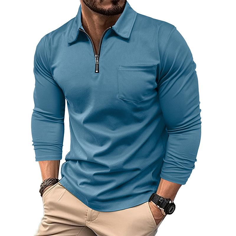 Men's Sports Polo Shirt Fashion Solid Colour Men's Long-Sleeved Zip-Up Collar Top