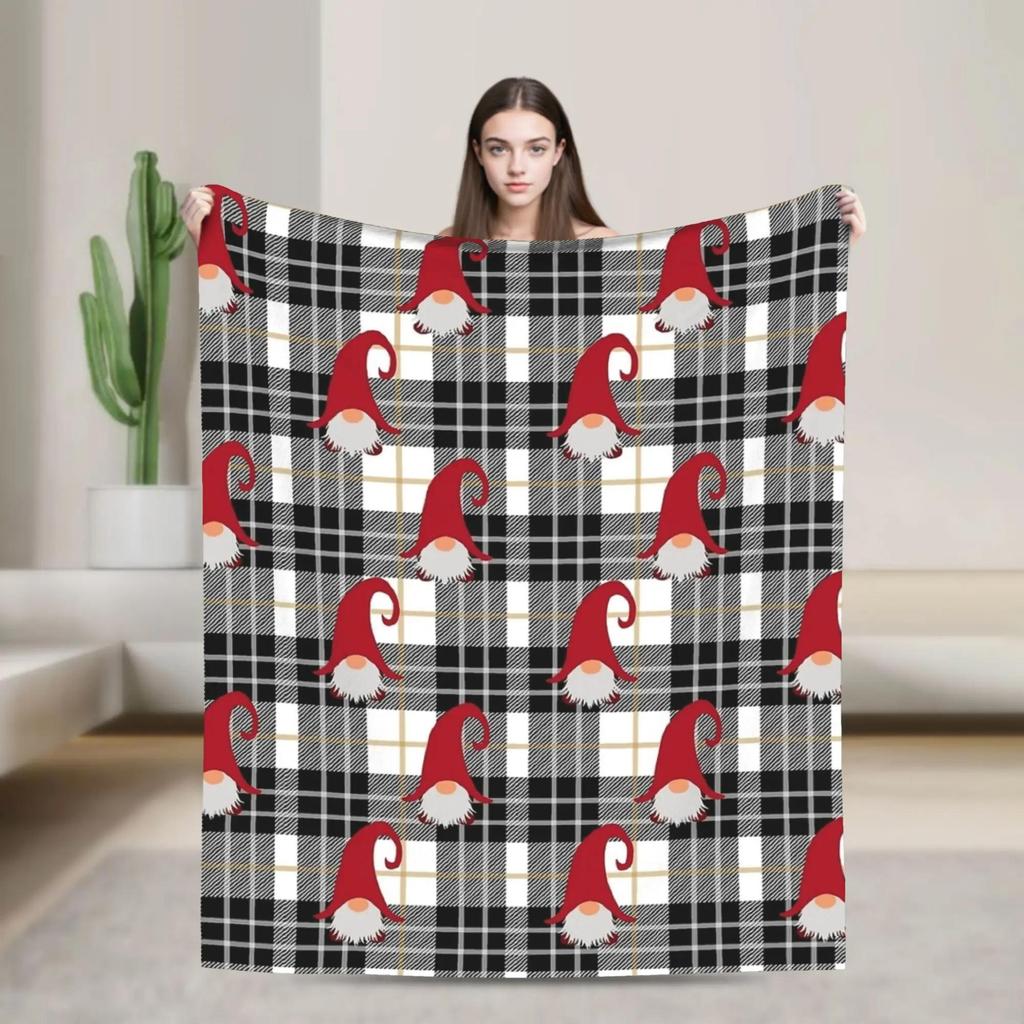 Soft Flannel Christmas Gnome Socks Blanket for Kids Buffalo Plaid Decorative Throw for Bed Sofa Home