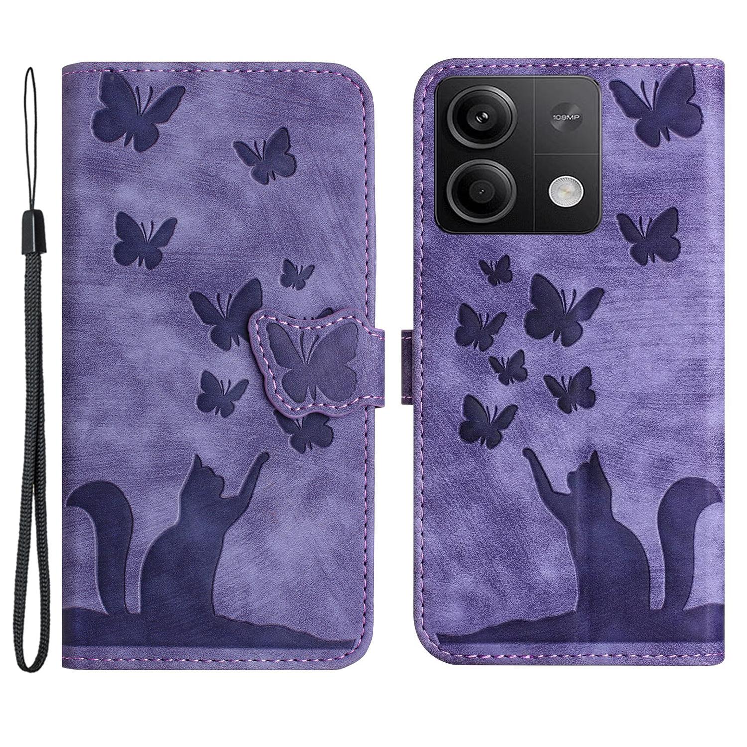 

For Xiaomi Redmi Note 13 5G Wallet Case Butterfly Cat Imprint Leather Phone Cover Purple