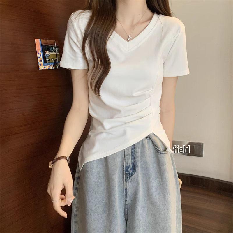 

Spicy Girl V-Neck Slit T-Shirt: Women s Summer Korean Design M білий