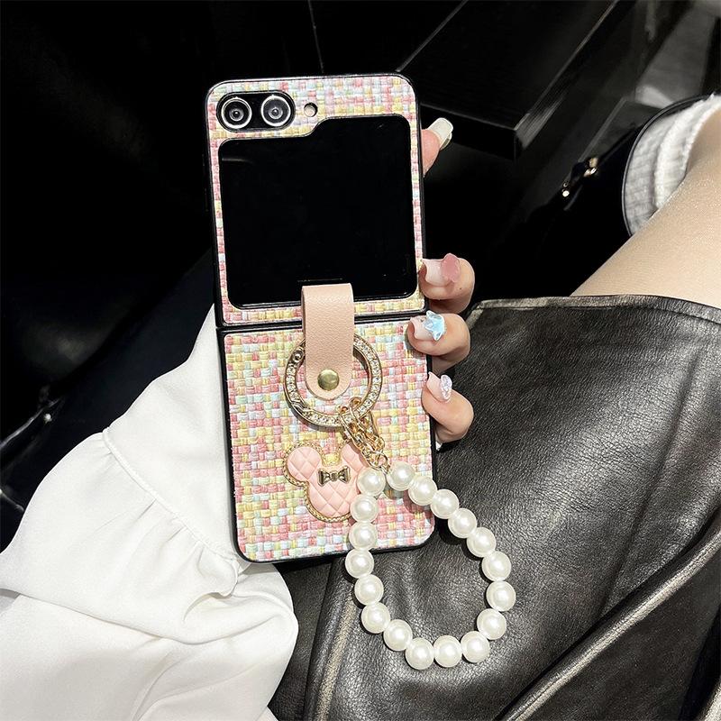 

Woven Pattern Flip Phone Case for Samsung Zflip5 Folding Screen Pearl Hand Chain Xflip Rhinestone 4 Ring For Samsung ZFlip3