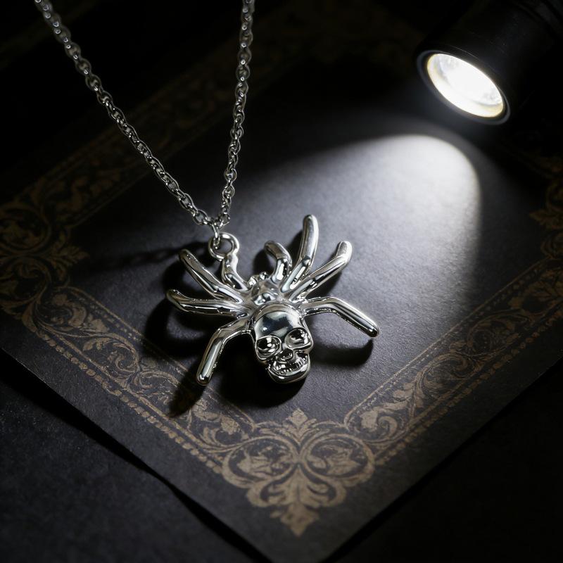 Two-Tone Skull Spider Pendant Necklace: Gold  Silver Dark Punk Style