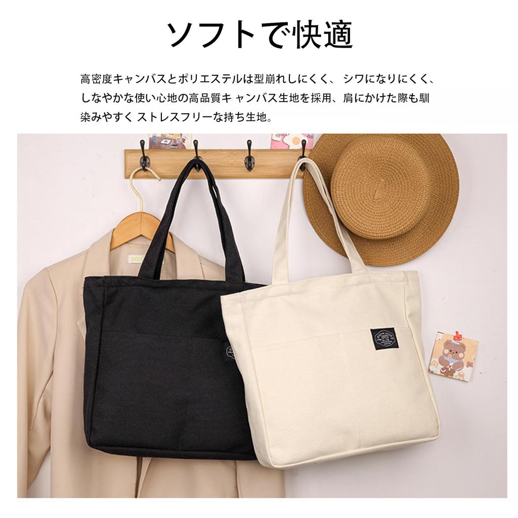 FineGood A4 Large Capacity Canvas Tote Bag with Multiple Durable Shoulder Bag for Men and Solid Perfect for and Travel Zipper, Pockets, Women, Color,