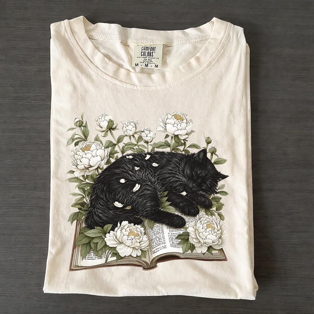 Comfort Colors Sleeping Cat Floral Shirt, Cottagecore Kitten Book Graphic Tee
