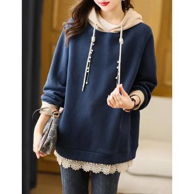 Women's Autumn and Winter Padded Hooded Sweatshirt Medium Long Loose Colorblocking Casual Pullover Jacket