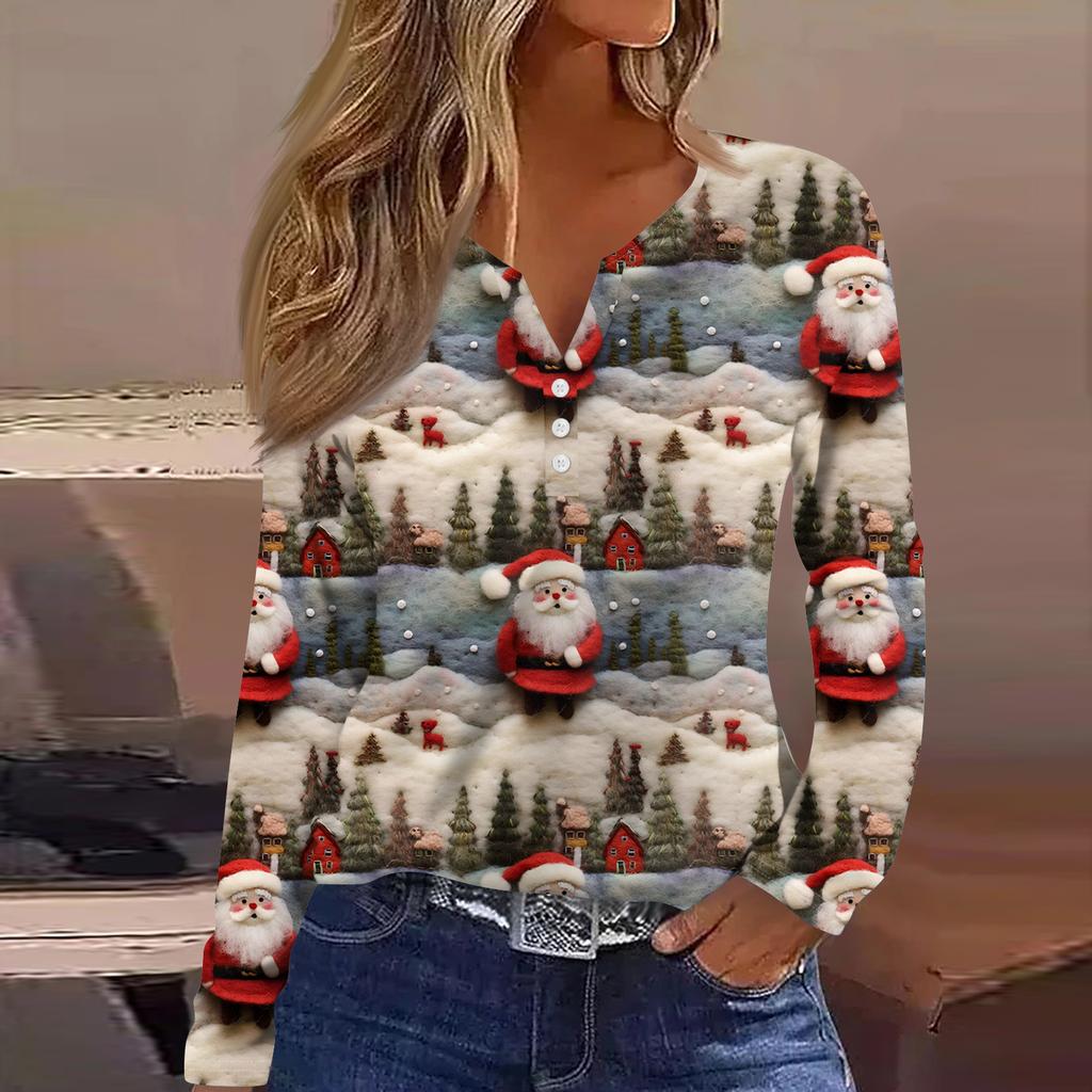 Women's Fashion Casual V-Neck Button-Up Long-Sleeve T-Shirt With Christmas Print Top