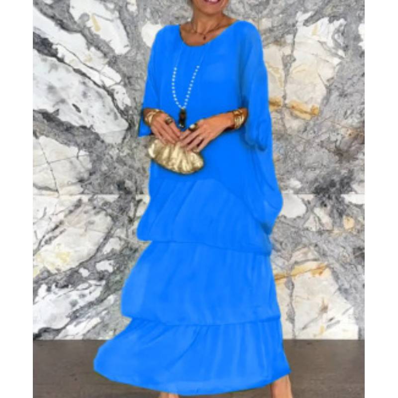 Polyester Chiffon Batwing Sleeve Long Dress With Ruffle And Loose Waist For Spring Fashion