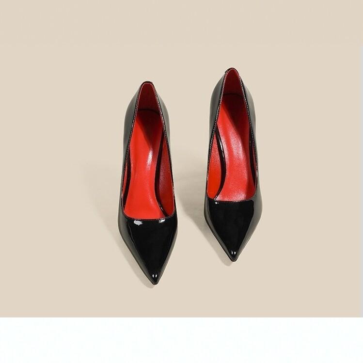 Sapatos de Salto Alto Stiletto Bico Fino em Couro Patente Feminino Solado Preto Vermelho Slip-On Festa Casamento Escritório Sapatos de Salto