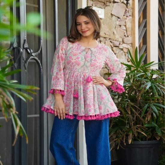 Blush Pink Floral Printed Cotton Peplum Tunic with Tassel Accents
