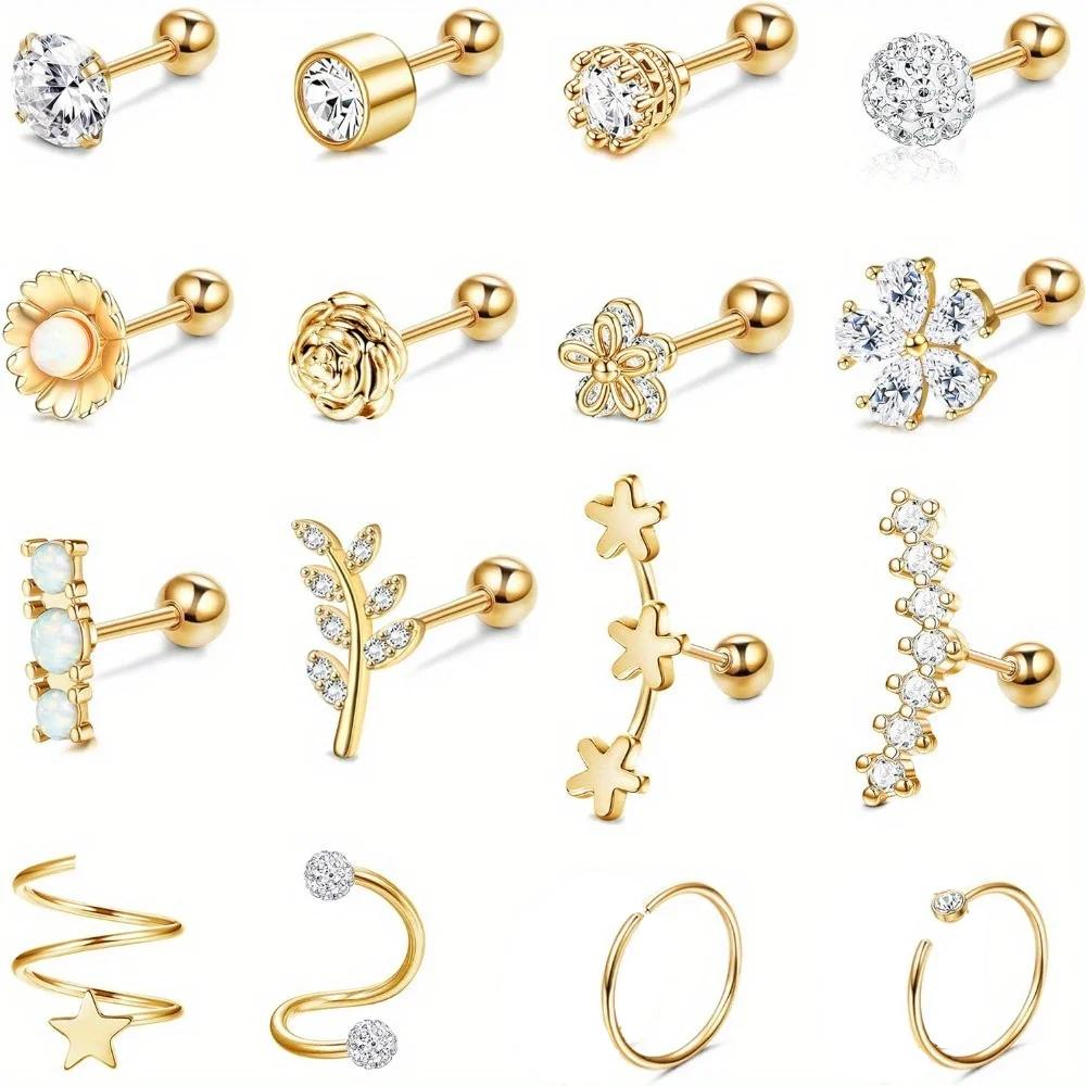 Drperfect Stainless Steel 16G Cartilage Earrings Studs Tragus Couch Helix Piercing Jewelry Flower Leaf Cartilage Helix Earrings