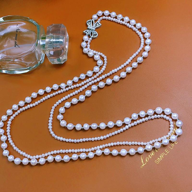 Versatile Women s Natural Freshwater Pearl Multi-layer Sweater Necklace Small Beads 3-4mm, Large Beads 7-8mm