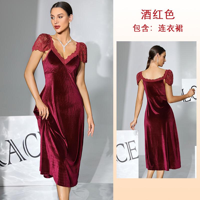 Source elegant velvet lace nightdress burgundy V-neck medium and long European and American sexy women s home dress 977 S