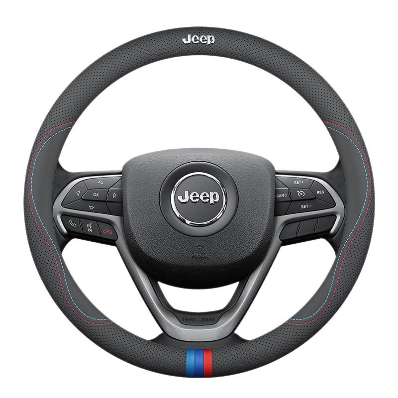 Universal Genuine Leather Steering Wheel Cover for Jeep Cherokee, Wrangler, Compass, Renegade - All-Season Use