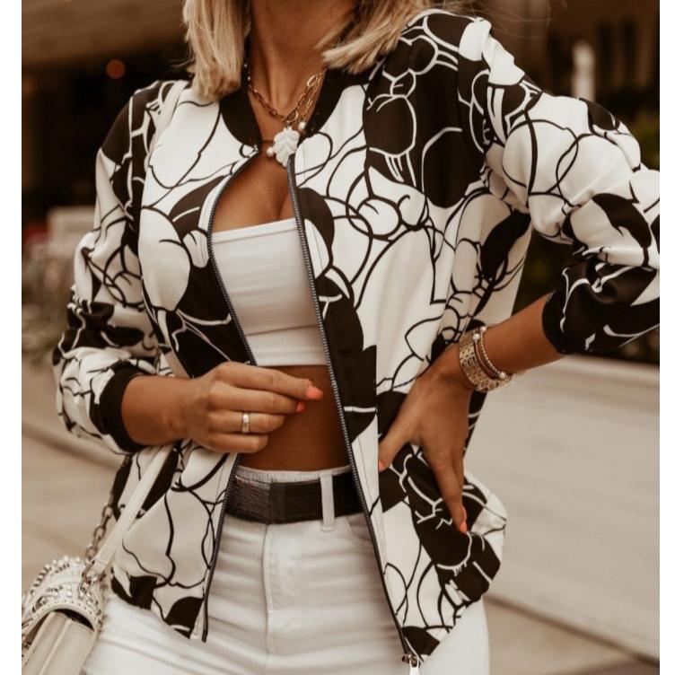 

Женская мода Цветочный принт Короткая куртка-бомбер Повседневная уличная одежда Молния Приталенный крой XXL