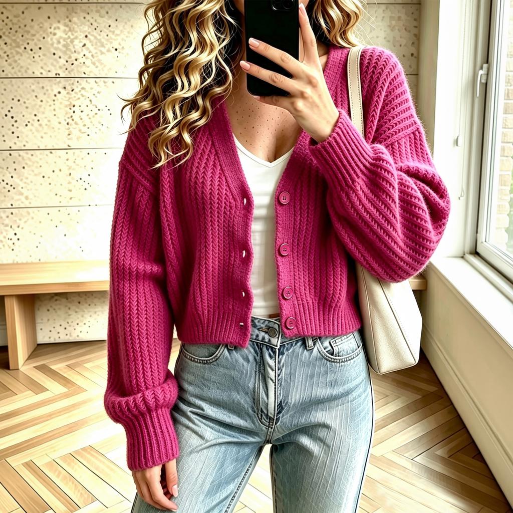 Women's Color Drop Shoulder Long Sleeve Soft Knit Sweater with Two Pockets