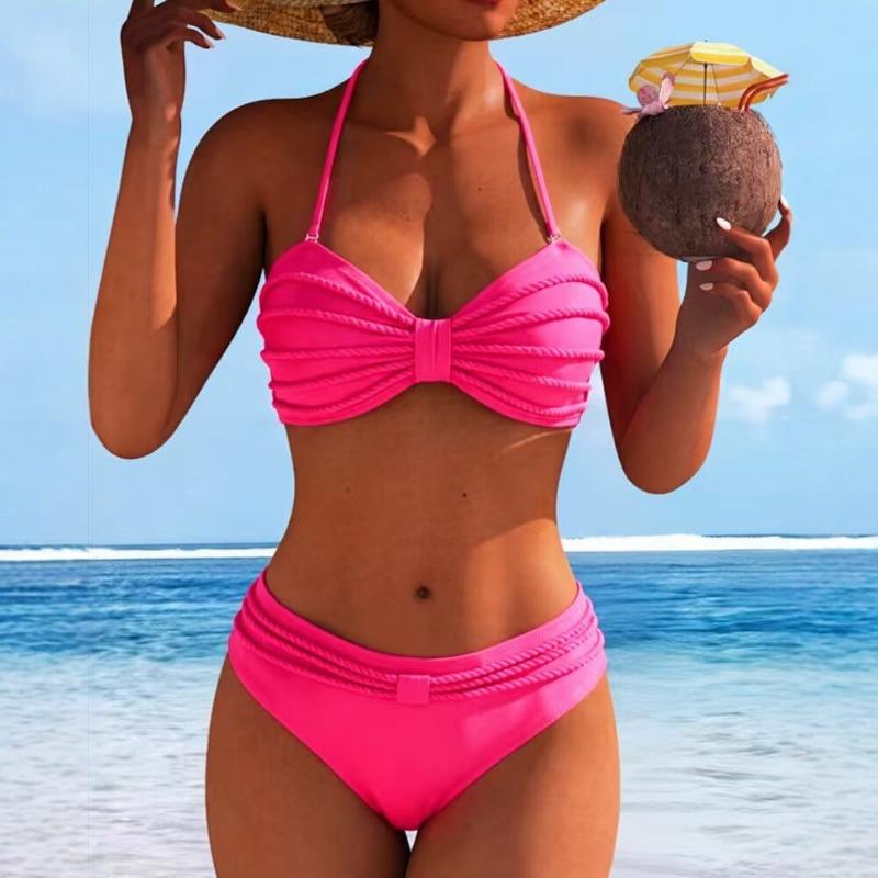 2026 New European and American Style Braided Rope Tube Top Bikini Split Swimsuit Women's High Waist Belly Sexy Swimsuit Set