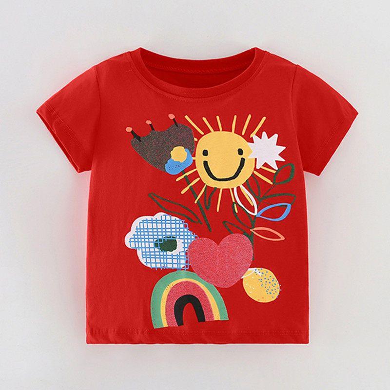 Summer New Style Export Children's Clothing Girls' Red Short-Sleeved T-Shirt Pure Cotton Kids' Baby Top Pullover Half-Sleeve 6 Years Old Trendy