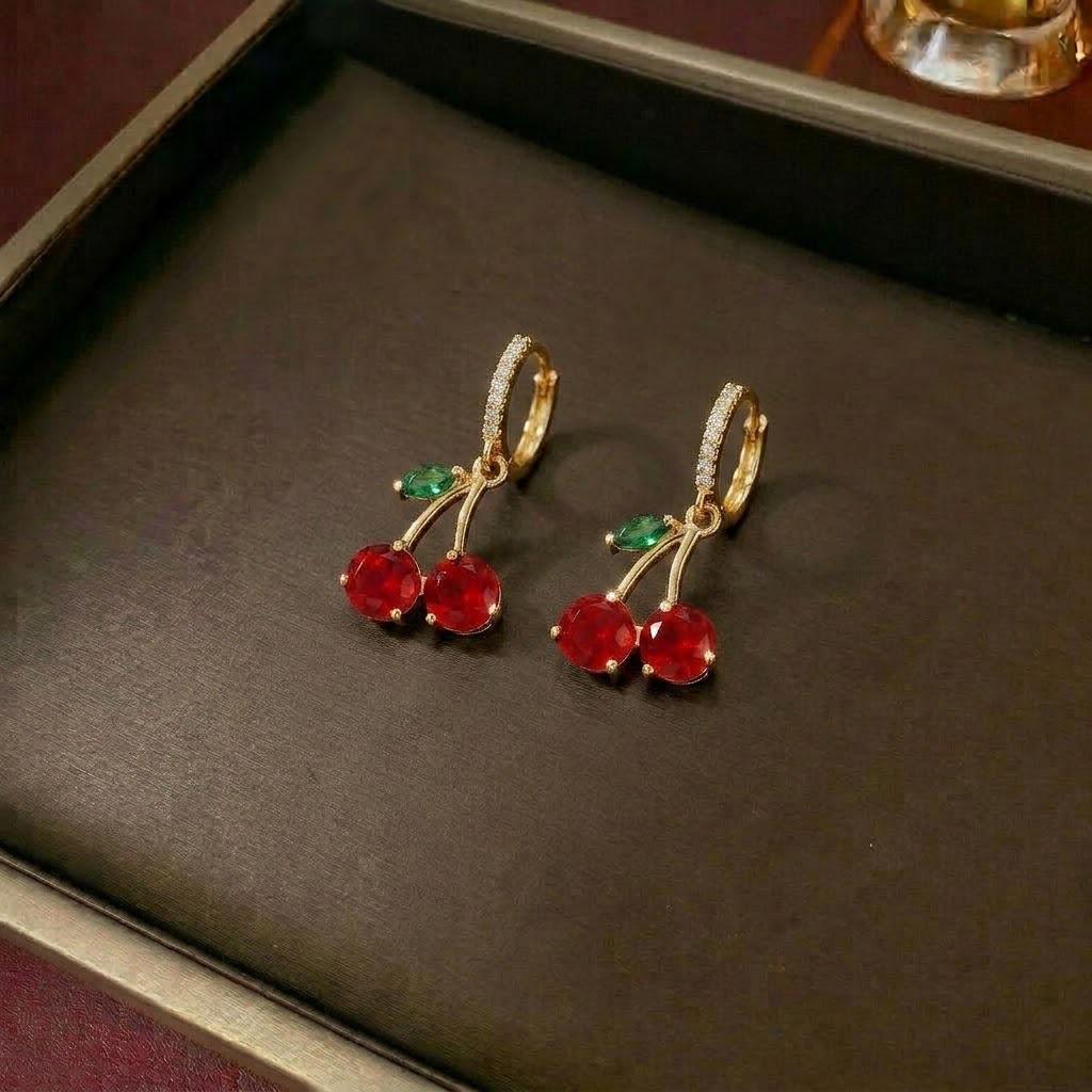 Women's Japanese-Korean Style Zircon Cherry Pendant Necklace & Earrings Set