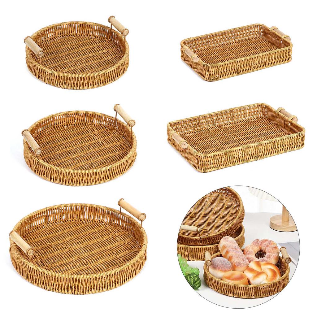 Handmade Wicker Storage Baskets Imitation Rattan Woven Baskets Compact Bread Fruit Organizer Home Organization Tray