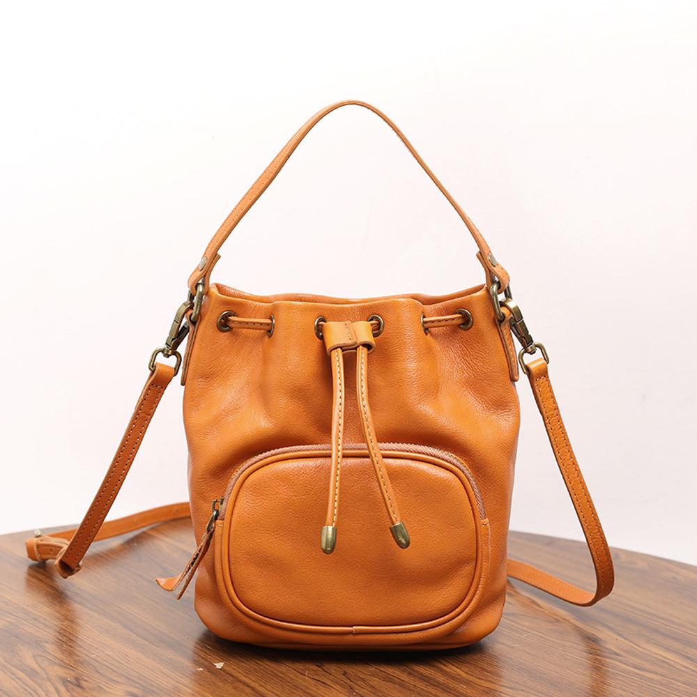 

2025 Retro Women s Single-shoulder Bag Made Cowhide Water Bucket Genuine Leather Designer Luxury Bag 18x11x22cm коричневый