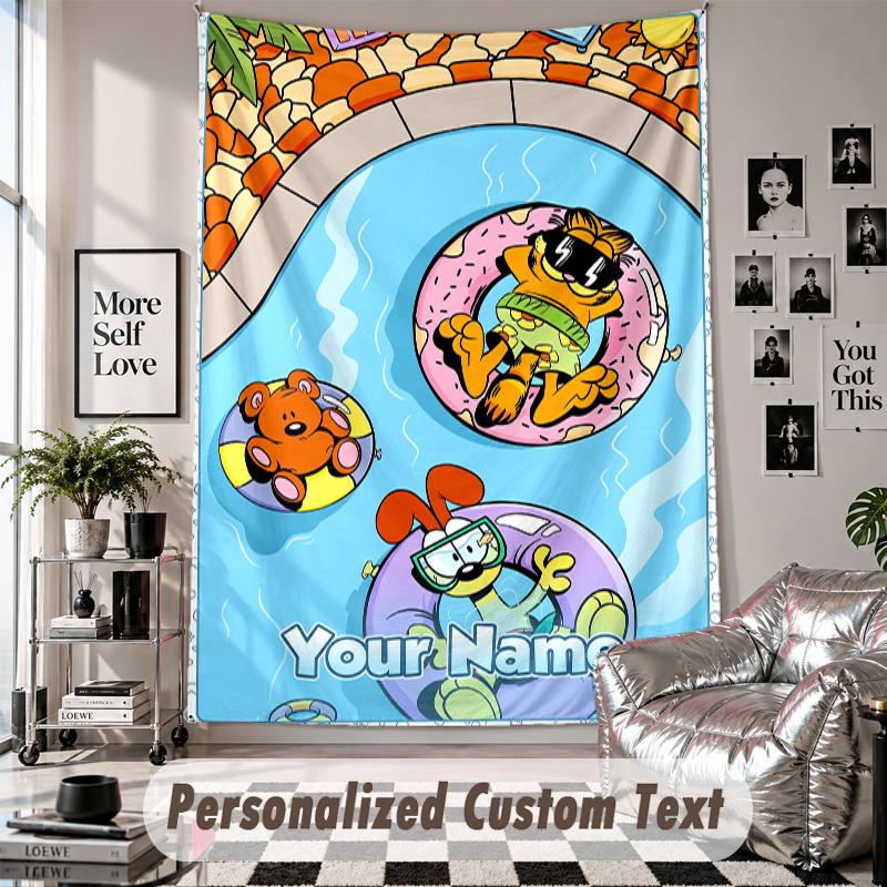 Wall Hanging Tapestry With Custom Name & Text, Garfield Decorative Tapestry For Bedroom