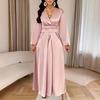 Women Summer Satin V-Neck Dress Elegant Long Gown with Puff Sleeves & Cinched Waist