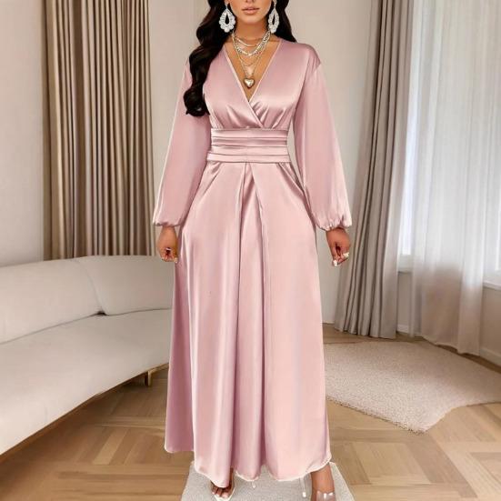 Women Summer Satin V-Neck Dress Elegant Long Gown with Puff Sleeves & Cinched Waist