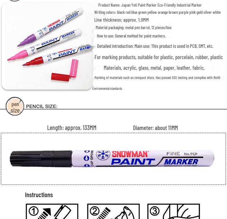 Alcohol-Resistant Snowman Paint Marker 1.0mm, Black & White, Fade-Proof, Low Halogen Touch-Up Pen