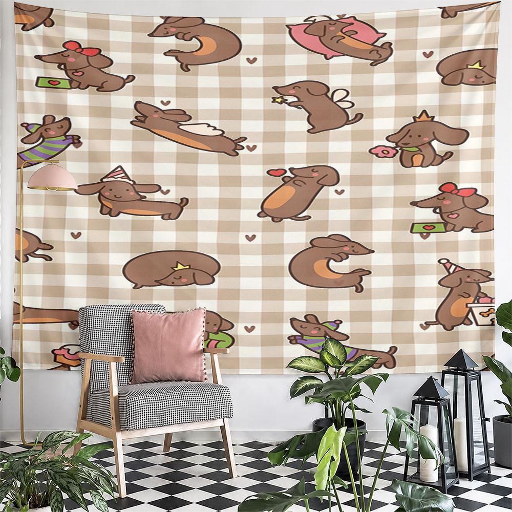 Cute Dachshunds On Plaid Pattern Pattern Wall Hanging Tapestry Decorative Tapestry Home Decor for Bedroom and Living Room