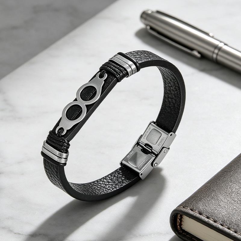 OPK Men's Trendy Leather Bracelet with Stainless Steel Infinity Design