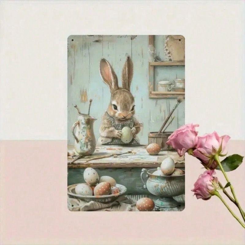 Vintage Easter Bunny with Egg Metal Poster, Wall Art for Home Decor