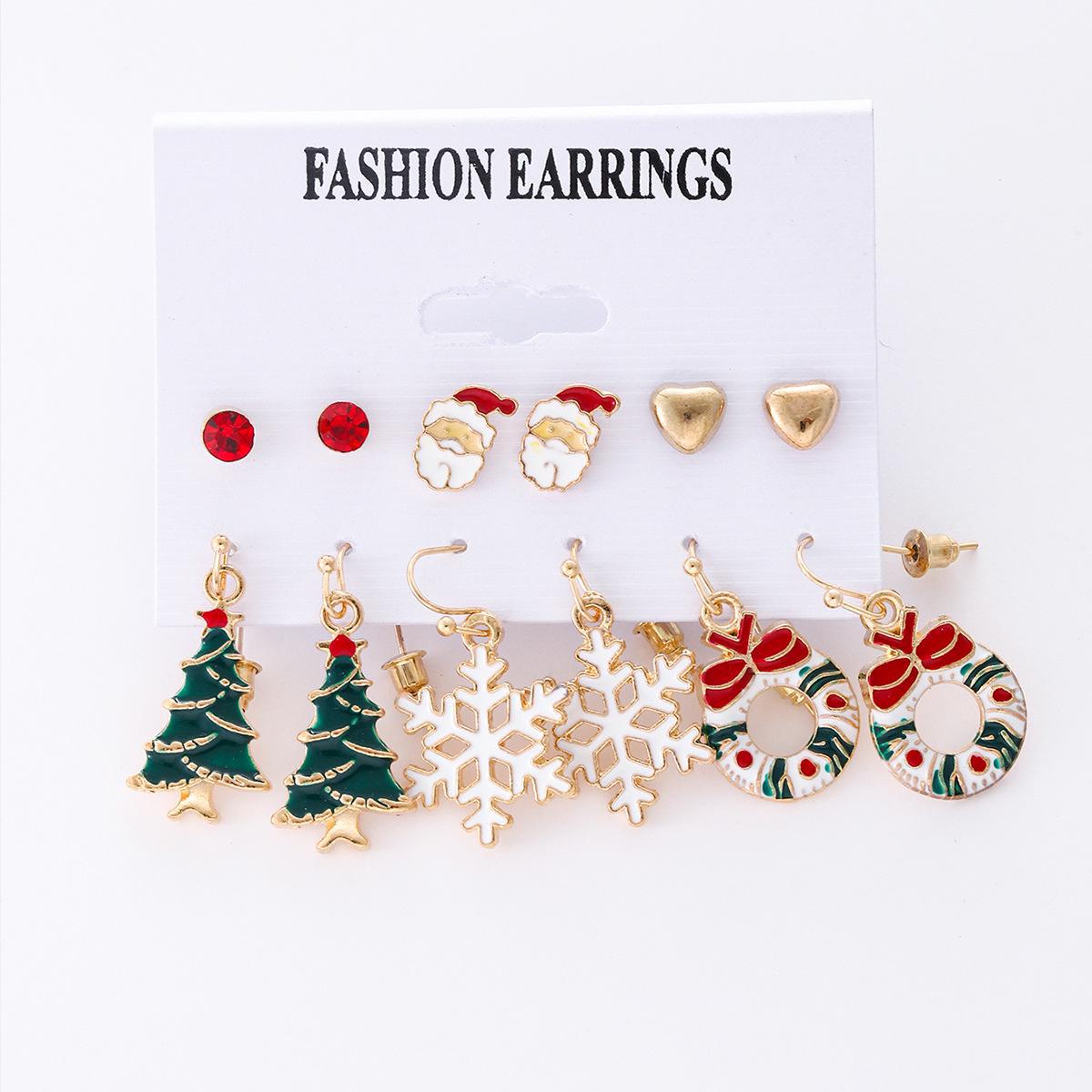 

Рождественский комплект сережек «Снежинка и колокольчик» — дизайны «Мультяшная капелька», «Лось и Санта» CK0564 золотой