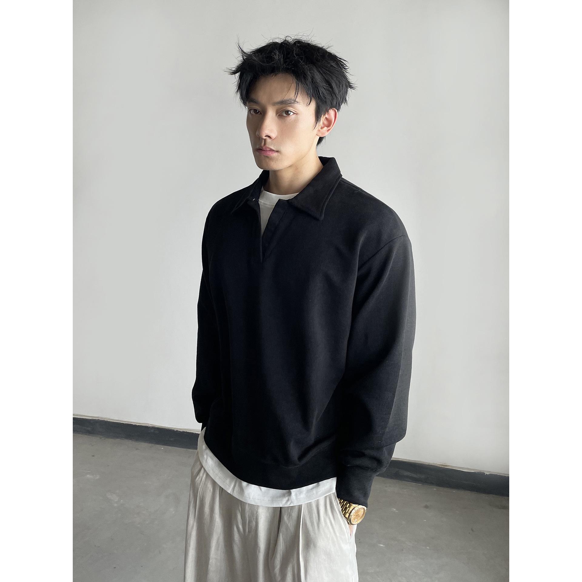 

Unisex Heavyweight Polo Hoodie - Autumn Casual Pure Color Trendy Lapel Jacket XXL чорний