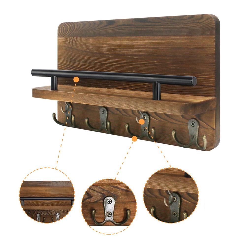 Wooden Key Holder and Mail Organizer for Entrance Decorative Wall Mounted Key Hangers Shelf Hanging Keys Sunglasses Dog Leash