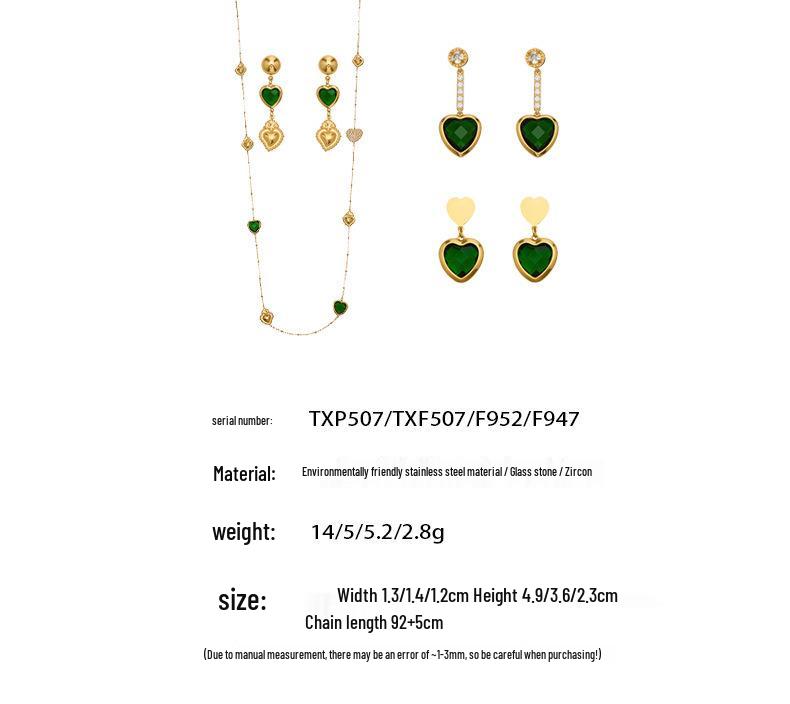 Colorful Heart Glass Stone Tassel Earrings & 18K Gold Plated Stainless Steel Necklace