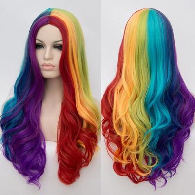 Women Cosplay Multicolor Stitching Gradient Wig Long Wig Curved Big Wave Black White Blue Pink Color Wigs